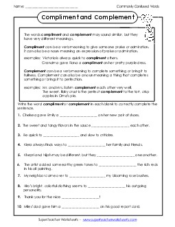 Compliment and Complement  Commonly Confused Words Worksheet