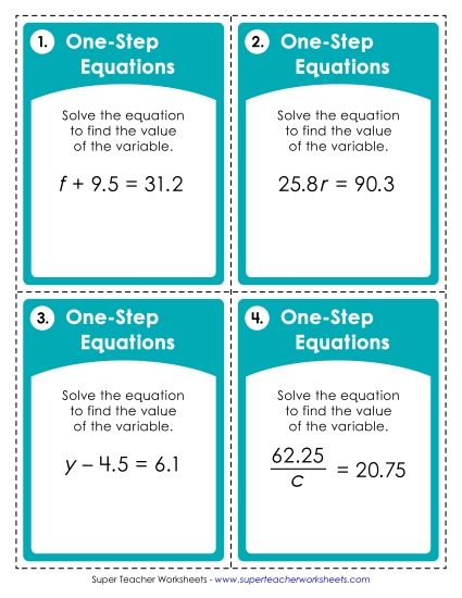New One-Step Equations with Decimals <br>(All Operations, Positive Numbers Only) Worksheet New One-Step Equations with Decimals <br>(All Operations, Positive Numbers Only) Worksheet