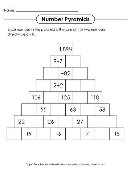 New Number Pyramids: 8 Rows, 4-Digit Sums Worksheet New Number Pyramids: 8 Rows, 4-Digit Sums Worksheet