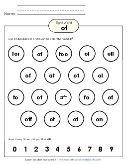 Dab or Color: Of Sight Words Individual Worksheet