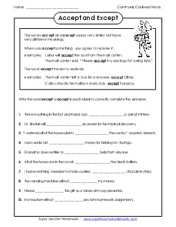 Accept and Except Free Commonly Confused Words Worksheet