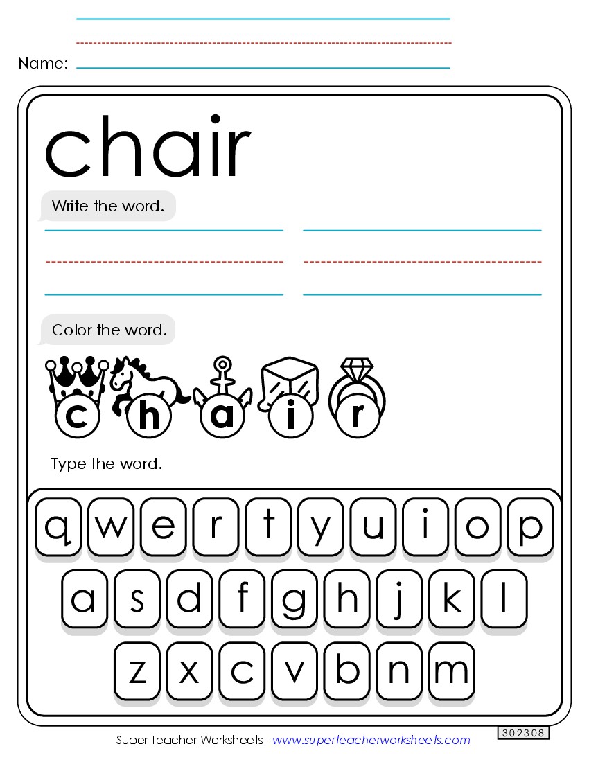 Write, Color, Type: Chair Sight Words Individual Worksheet