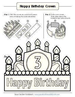 Birthday Crown: Age 3 (B&W) Worksheet