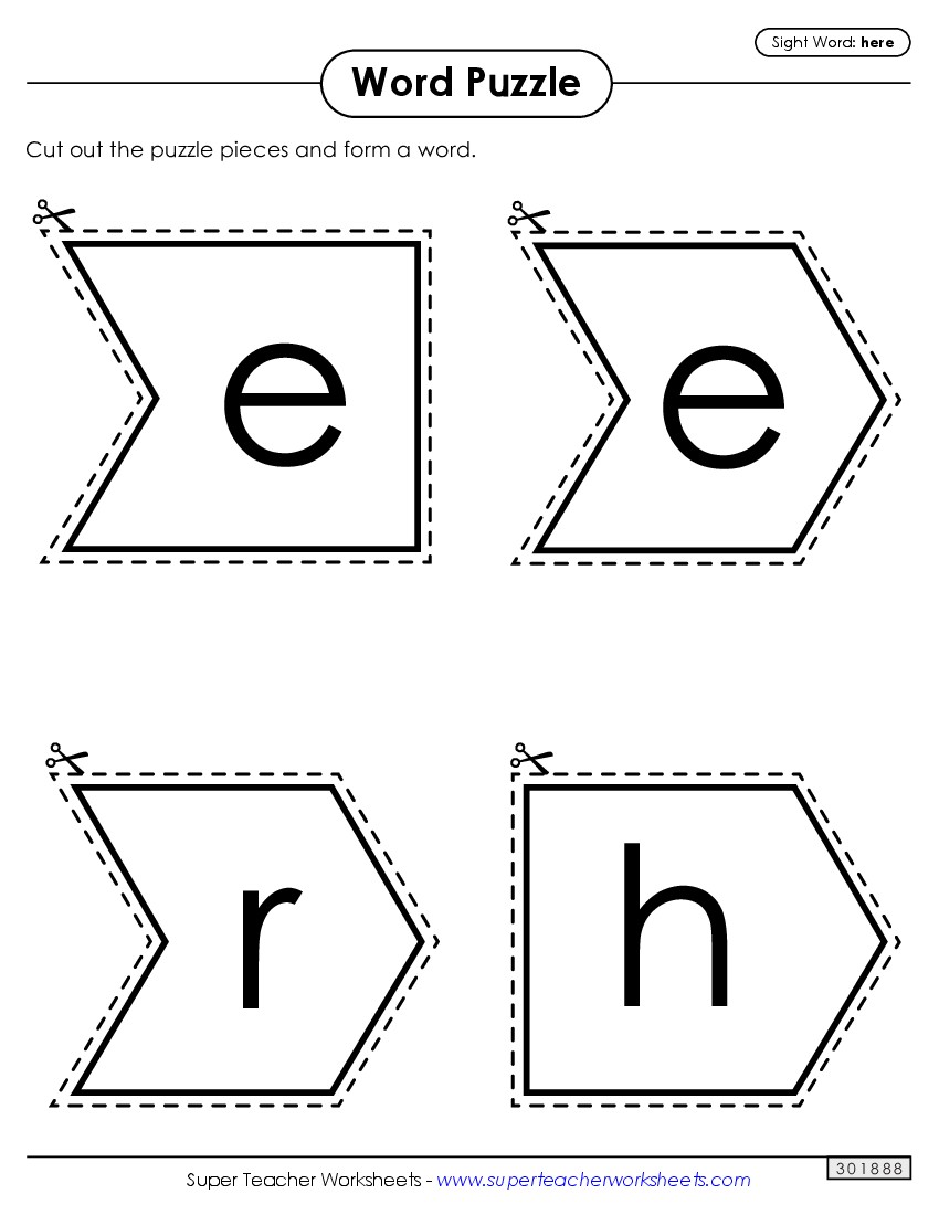 Word Puzzle: Here Sight Words Individual Worksheet