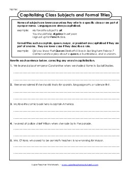 Capitalizing Class Subjects and Formal Titles Capitals Worksheet