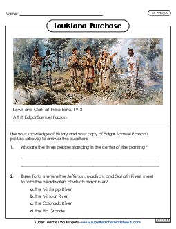 Lewis and Clark at Three Forks  (Art Analysis) Free Louisiana Purchase Worksheet