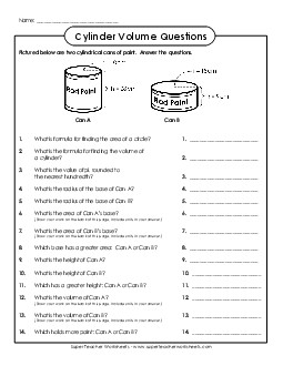 Volume of Cylinder Questions Worksheet