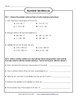 Number Sentences 5th Grade Math Worksheet