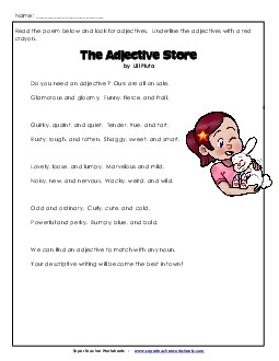 The Adjective Store (Poem)  Adjectives Worksheet