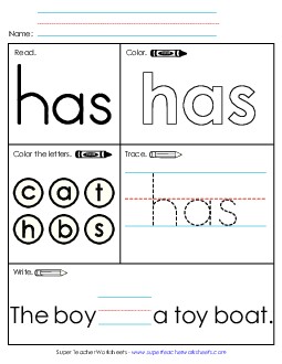 Has (Sight Word) Free Sight Words Individual Worksheet