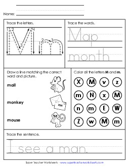 Letter M - Mixed Skills (Intermediate) Alphabet Worksheet