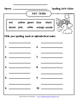 ABC Order: Write List (A-Color Words)  Spelling A Worksheet