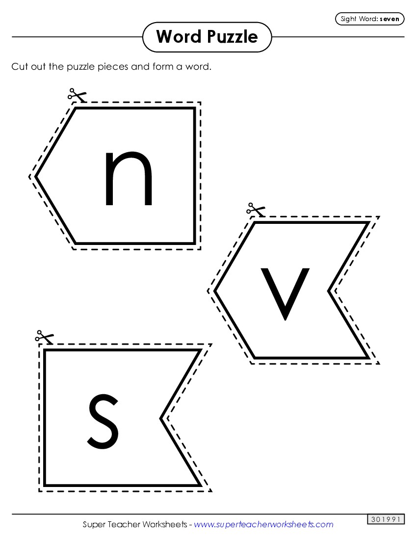 Word Puzzle: Seven Sight Words Individual Worksheet