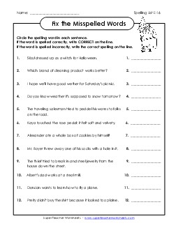 Fix the Misspelled Words (E-16) Spelling E Worksheet