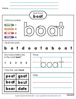 Worksheet 4: Boat Sight Words Individual Worksheet