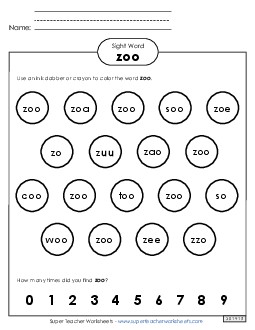 Dab or Color: Zoo Sight Words Individual Worksheet