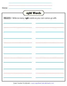 Brainstorm and Write (-ight) Word Families Worksheet