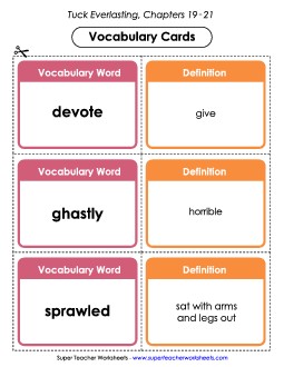 Vocab. Cards for Chapters 19-21 Book Tuck Everlasting Worksheet