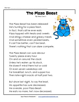 The Pizza Beast Poems Worksheet