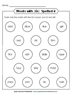 Color the Word: /ûr/ Spelled <i>ir</i> Phonics R Controlled Vowels Worksheet