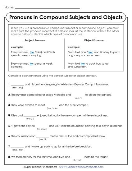 aFill-in-the-Blank Worksheet<br>Pronouns in Compound Subjects & Objects