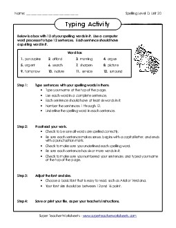 Typing Sentences Activity (D-20) Spelling D Worksheet