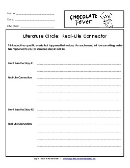 Literature Circles: Real-Life Connector Book Chocolate Fever Worksheet