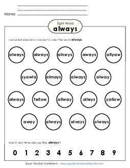 Dab or Color: Always Sight Words Individual Worksheet