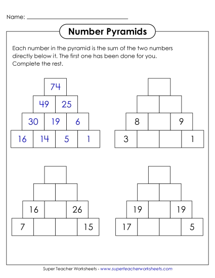 New Number Pyramids: 4 Rows, Corners Given Worksheet New Number Pyramids: 4 Rows, Corners Given Worksheet