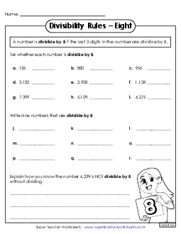 Divisibility Rules: Eight Worksheet