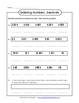 Ordering Worksheet (Thousandths) Comparing Numbers Worksheet