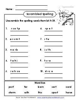 Word Unscramble (A-28) Spelling A Worksheet