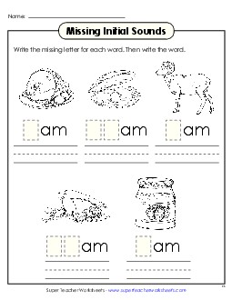 Missing Initial Sounds (-am) Word Families Worksheet