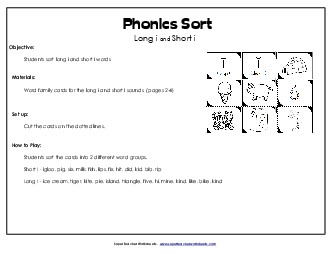 Word Card Sort: Long I, Short I Phonics Vowels Worksheet