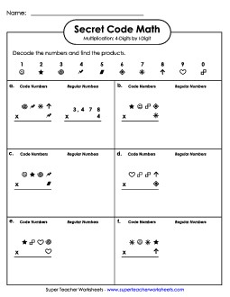 Secret Code Math: 4-Digit by 1-Digit Numbers Multiplication Worksheet