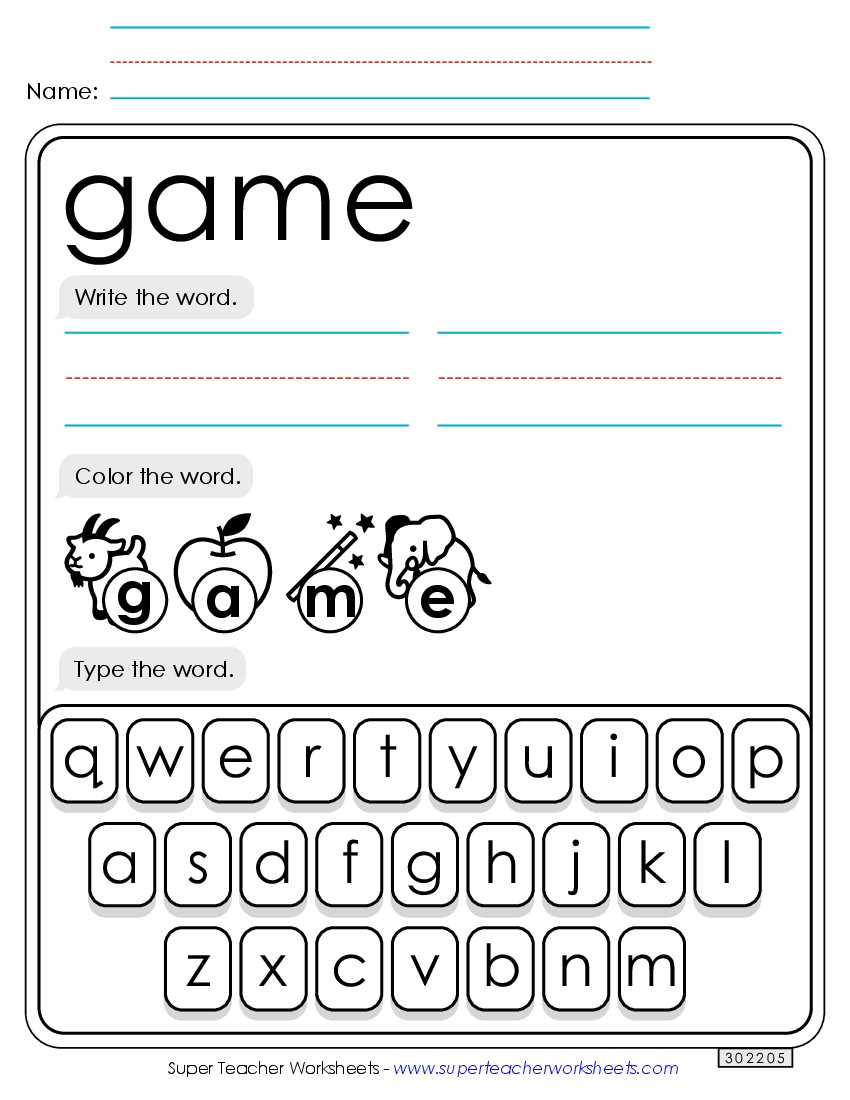 Write, Color, Type: Game Sight Words Individual Worksheet