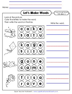 Let\'s Make Words (Long A; Silent E) Phonics Silent E Worksheet