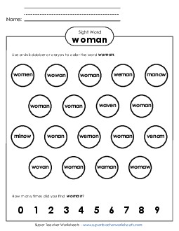 Dab or Color: Woman Sight Words Individual Worksheet