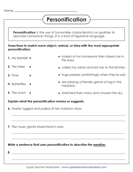 aPersonification Match, Explain, Write