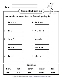 Unscramble the Spelling Words (B-Baseball)  Spelling B Worksheet