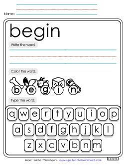 Write, Color, Type: Begin Sight Words Individual Worksheet