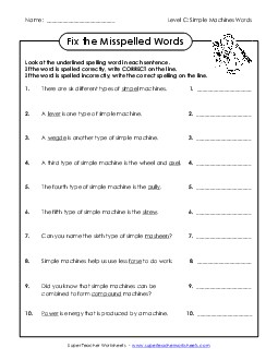 Fix the Misspelled Words (C-Simple Machines Words)  Spelling C Worksheet