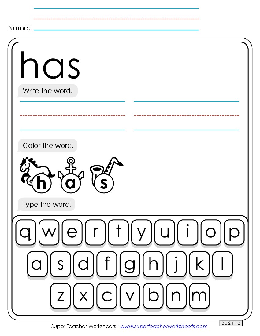 Write, Color, Type: Has Sight Words Individual Worksheet