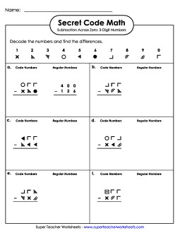 Secret Code Math: 3-Digit Subtraction (Across Zero) Worksheet