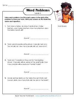 Mixed Math Word Problems (Level A) Thanksgiving Worksheet