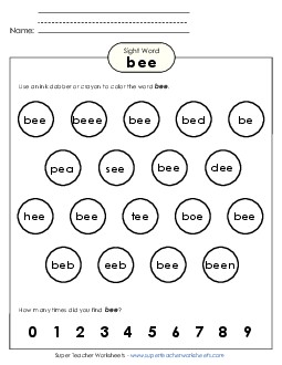 Dab or Color: Bee Sight Words Individual Worksheet