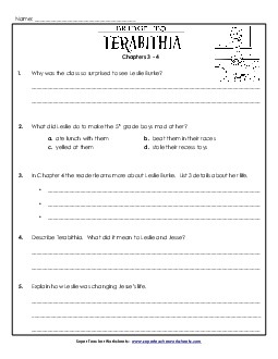 Questions for Chapters 3 and 4 Book Bridge To Terabithia Worksheet