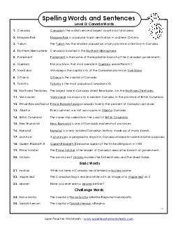 Spelling Test Sentences (D-Canada Words)  Spelling D Worksheet