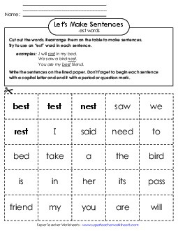 Make Sentences: Word Cards (-est) Word Families Worksheet