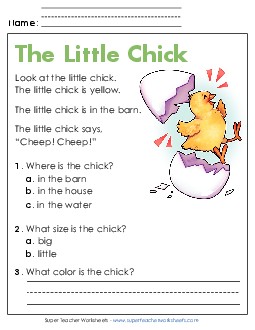 The Little Chick Reading Comprehension Reading Comp Kindergarten Worksheet